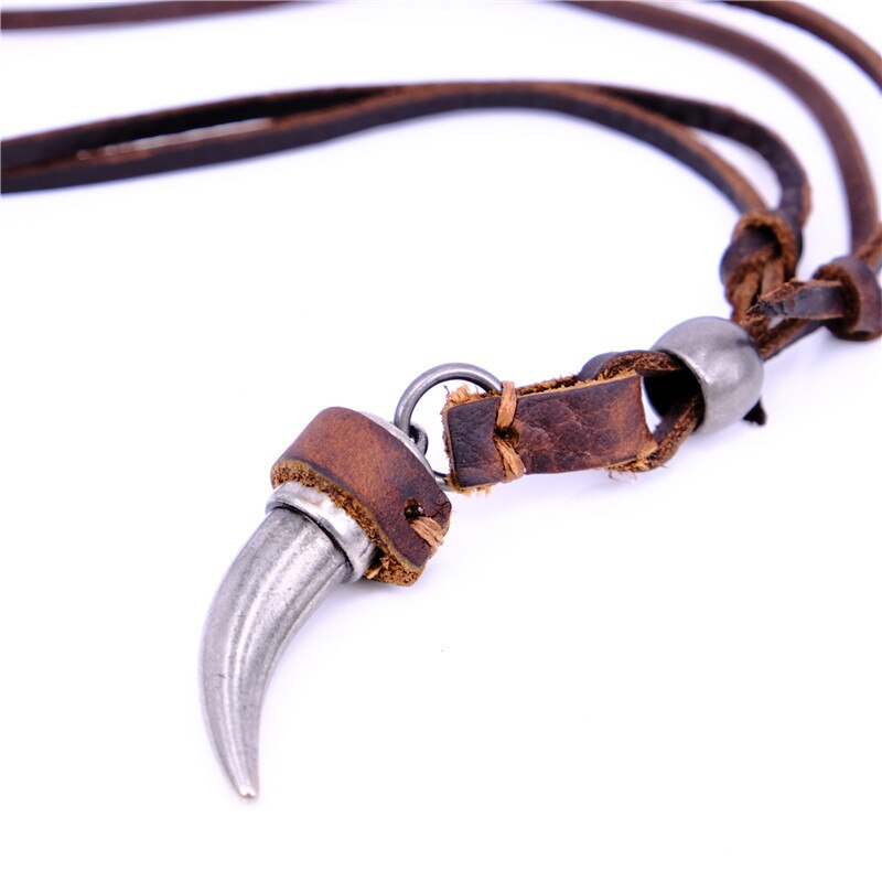NIUYITID Horn Pendant Necklace Men Brown Genuine Leather Necklace Jewellery Manmade Ethnic Charm Accessories Drop Shipping
