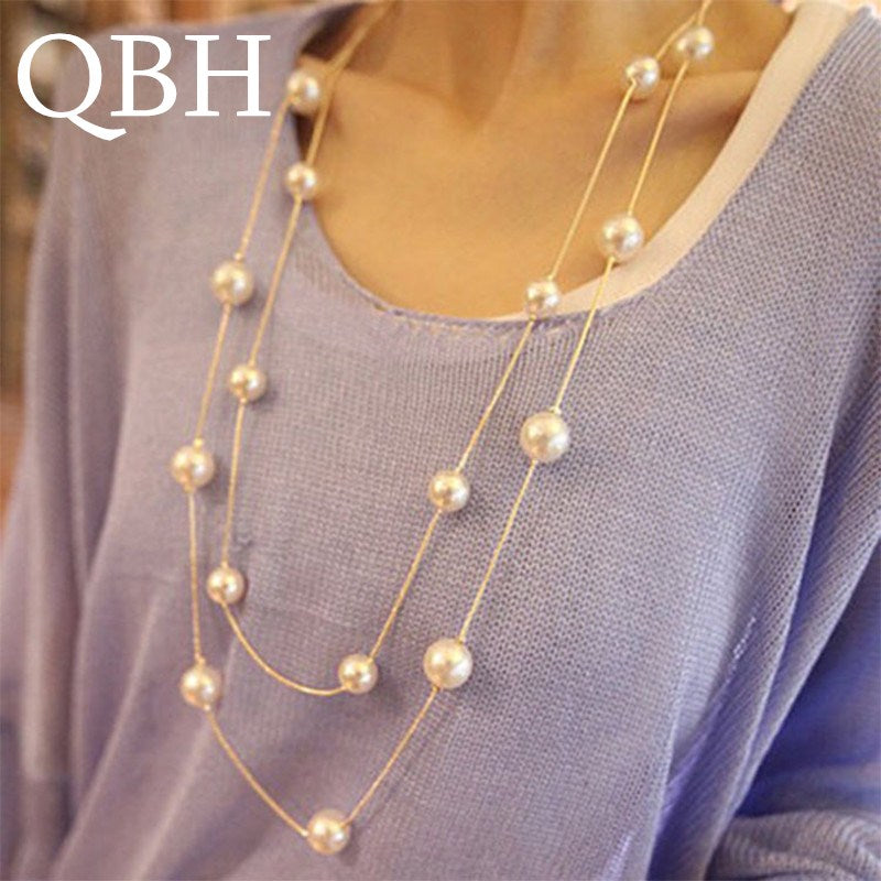 NK826 New 2020 Bijoux Cute Love Long Double Layers Chain Imitation Pearl Charm Pendant Necklace for Women Jewelry Statement Gift