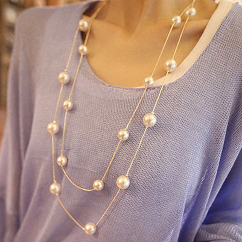 NK826 New Bijoux Cute Love Long Double Layers Chain Simulated Pearl Charm Pendant Necklace for Women Jewelry Statement Gift