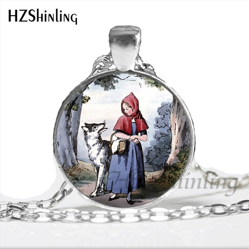 NS-00789 Fashion Little Red Riding Hood and Wolf Pendant Necklace Fairytale Art Photo Handmade Vintage Necklaces Women HZ1