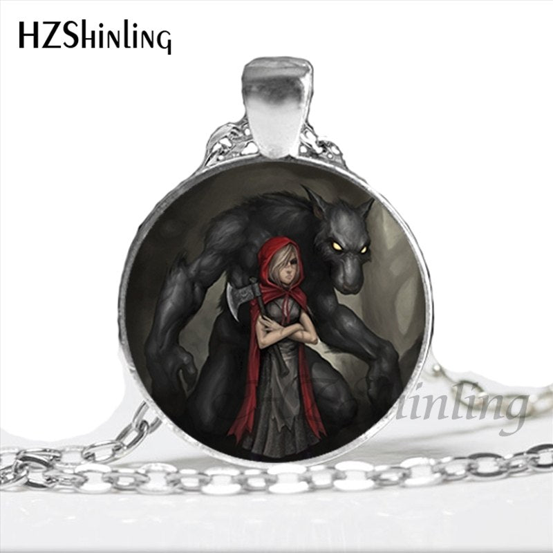 NS-00789 Fashion Little Red Riding Hood and Wolf Pendant Necklace Fairytale Art Photo Handmade Vintage Necklaces Women HZ1