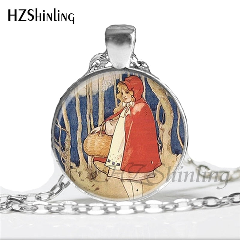 NS-00789 Fashion Little Red Riding Hood and Wolf Pendant Necklace Fairytale Art Photo Handmade Vintage Necklaces Women HZ1