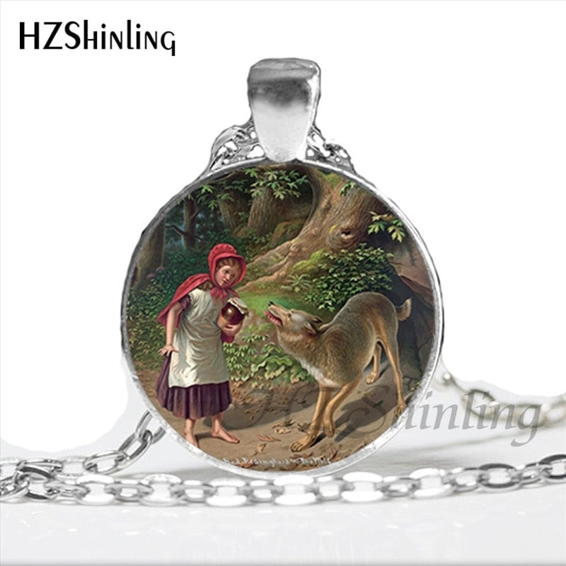 NS-00789 Fashion Little Red Riding Hood and Wolf Pendant Necklace Fairytale Art Photo Handmade Vintage Necklaces Women HZ1