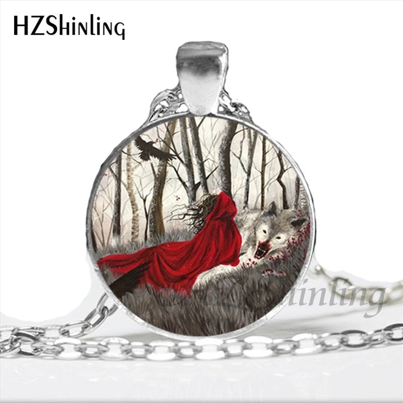 NS-00789 Fashion Little Red Riding Hood and Wolf Pendant Necklace Fairytale Art Photo Handmade Vintage Necklaces Women HZ1