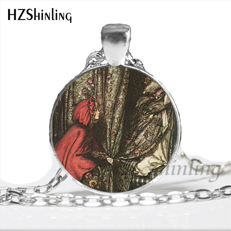 NS-00789 Fashion Little Red Riding Hood and Wolf Pendant Necklace Fairytale Art Photo Handmade Vintage Necklaces Women HZ1