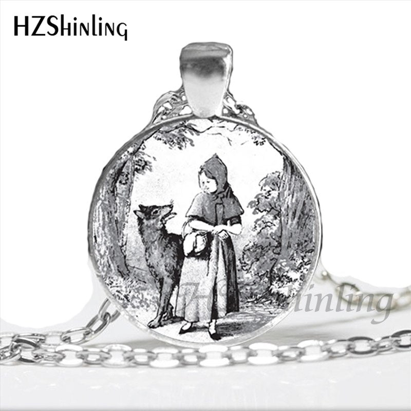 NS-00789 Fashion Little Red Riding Hood and Wolf Pendant Necklace Fairytale Art Photo Handmade Vintage Necklaces Women HZ1