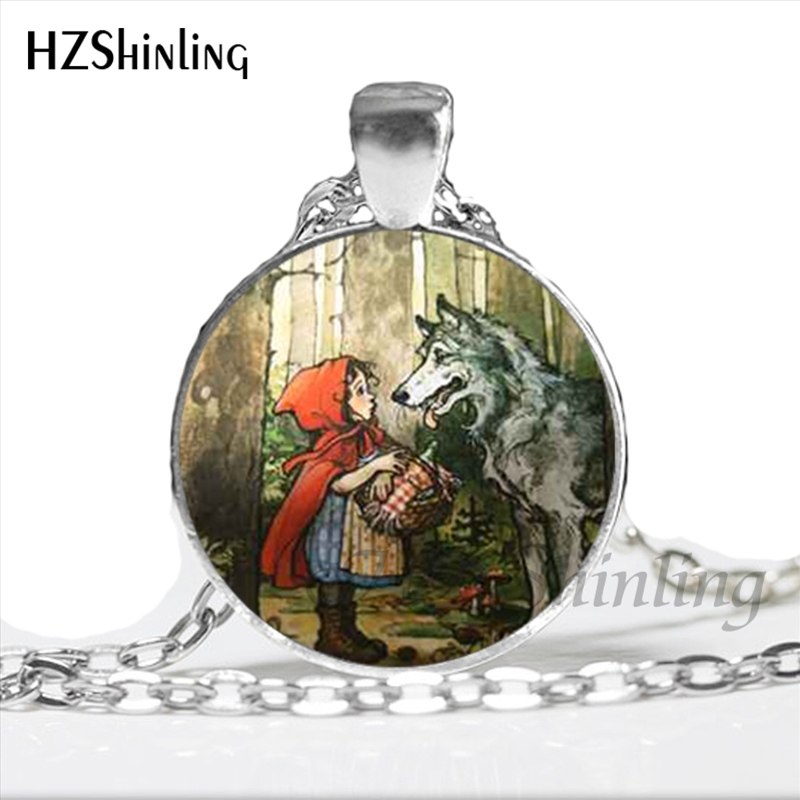 NS-00789 Fashion Little Red Riding Hood and Wolf Pendant Necklace Fairytale Art Photo Handmade Vintage Necklaces Women HZ1