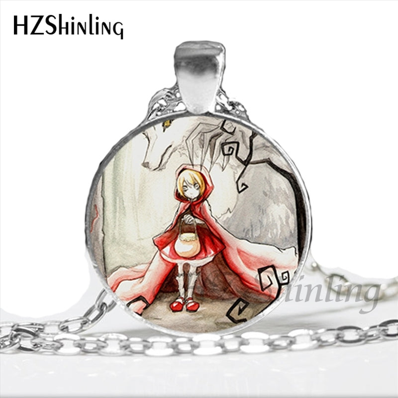 NS-00789 Fashion Little Red Riding Hood and Wolf Pendant Necklace Fairytale Art Photo Handmade Vintage Necklaces Women HZ1