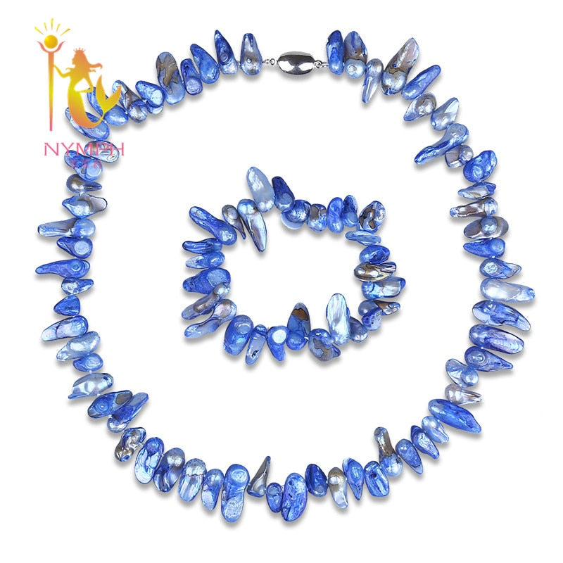 [ ] 100% Genuine blue Pearl Jewelry set Brand Baroque Pearl choker necklaces & bracelet Wedding Accessories Gift for momen