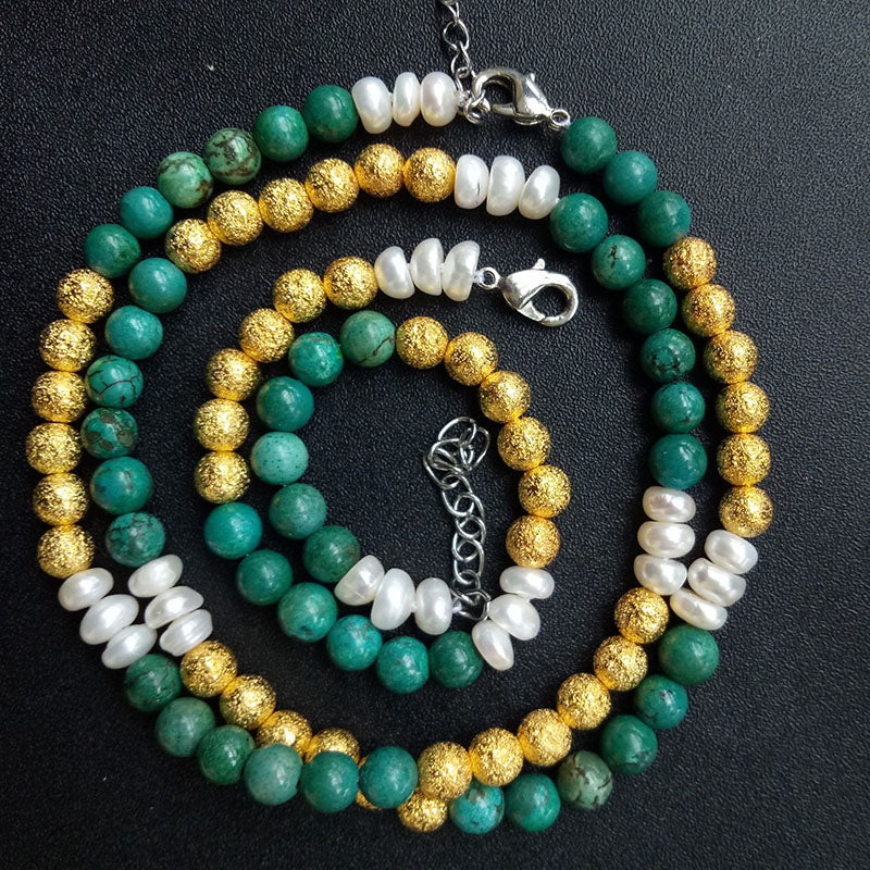 Fine Natural Pearl Bohemia Pearl Pendants Bracelets Set Turquoise Stone Gold Color Beads Jewelry For Women Gift TZZ211