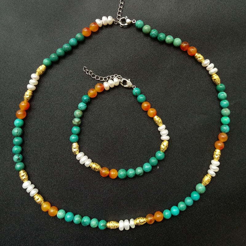 Fine Natural Pearl Ethnic Pearl Pendants Bracelets Set Color Agate Gold Color Beads Jewelry For Women Gift TZZ212
