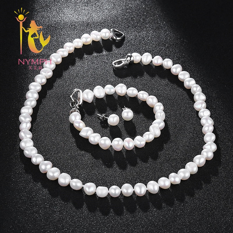[NYMPH]Fresh Water Pearl Jewelry Set For Women Natural Baroque White Stone Beads Choker Necklace Earrings Bracelet Party [T207]