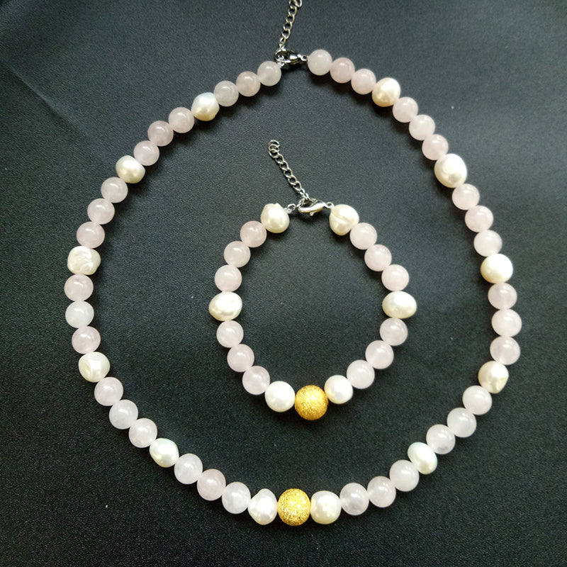 Natural Baroque Pearl Jewelry Set For Women Pink Agate Stone Beads Necklace Bracelet Gift TZZ208