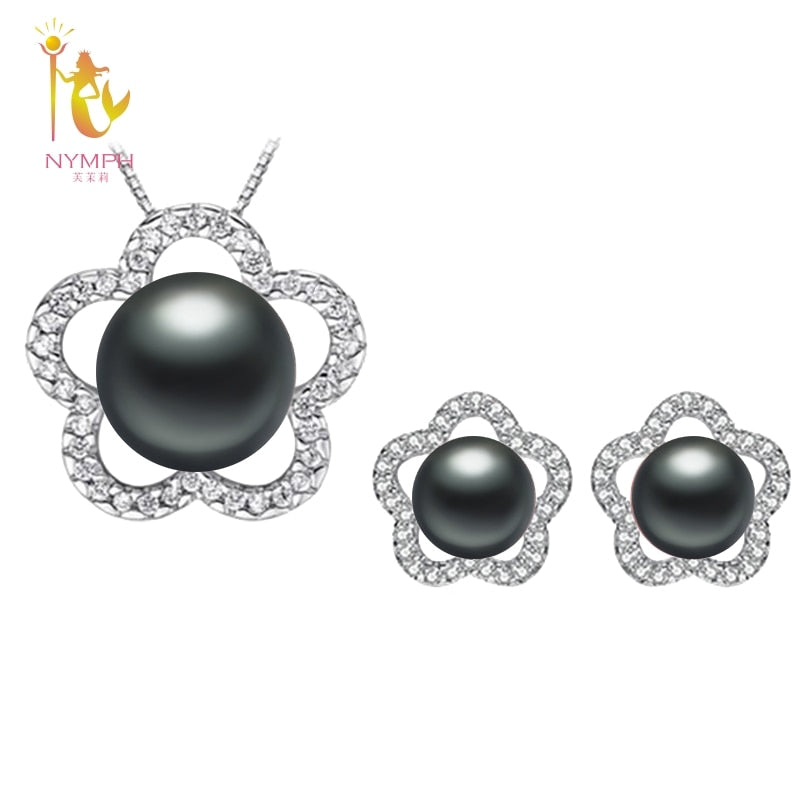[NYMPH]Natural Pearl Jewlery Sets Real Pearl Necklace Pendant Earrings Black Wedding Party Gift For Girl Star[T24901]