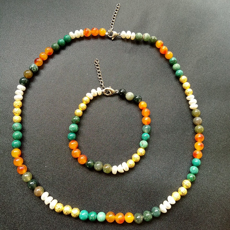 Natural White Pearl Jewelry Set For Women Colorful Stone Beads Necklace Bracelet Jewelry Gift TZZ204