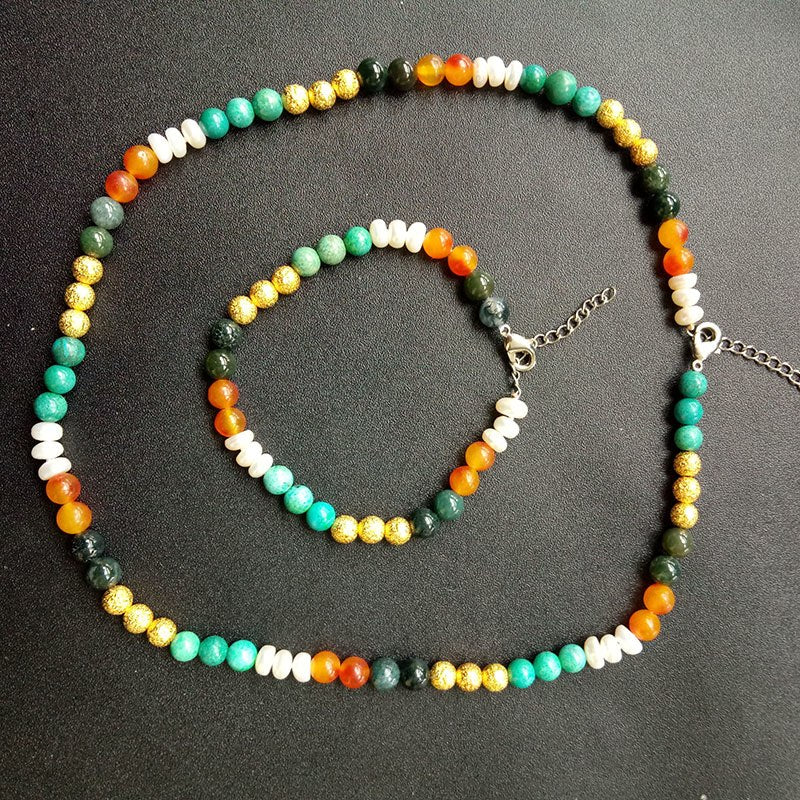 Natural White Pearl Jewelry Set For Women Colorful Stone Beads Necklace Bracelet Jewelry Gift TZZ209