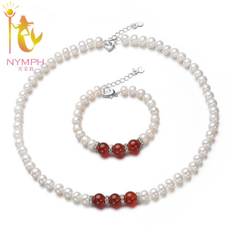 [NYMPH] Pearl Jewelry Natural Fresh Water Pearl Jewelry Set 8-9mm Real Pearl Fine Jewelry With Red Agate For Women 03