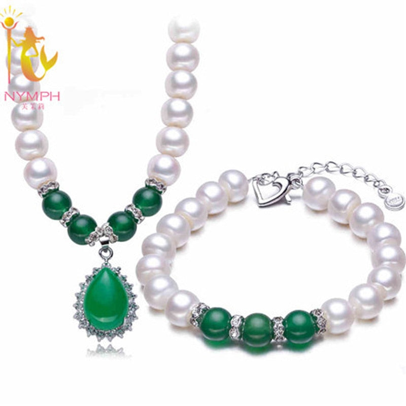 [NYMPH] Pearl Jewelry Natural Pearl Jewelry Sets With Green Agate Fine Jewelry Party Gift For Women T112