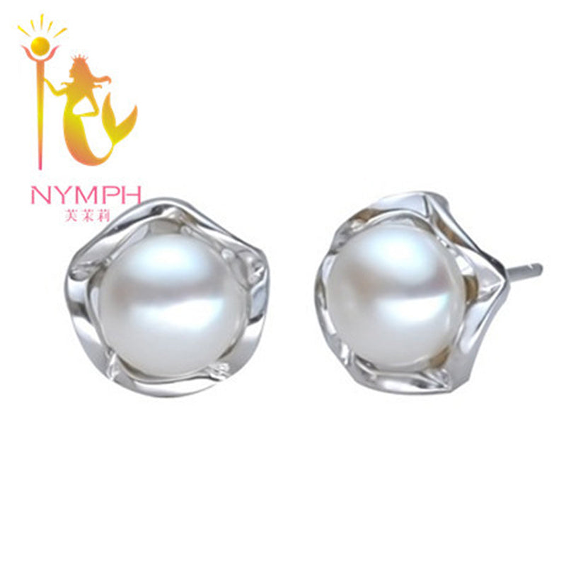 [NYMPH]Pearl Jewelry Natural Pearl Earrings Gold White Stud Earrings Real Pearl Fine Jewelry E1064