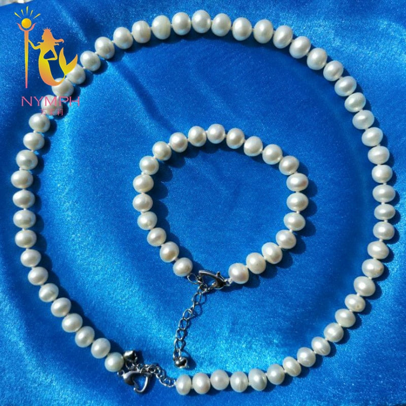 [NYMPH]Pearl Jewelry Set Natural Pearl Beads Choker Necklace Bracelet 8-9mm Near Round Bridal Gift For Women Set [02]