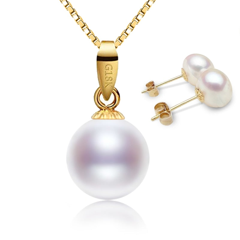 [NYMPH] Pearl Jewelry Set Real 18K Gold Earrings & Pendant 8-9mm Natural Brands Jewelry Wedding With Box [T223]