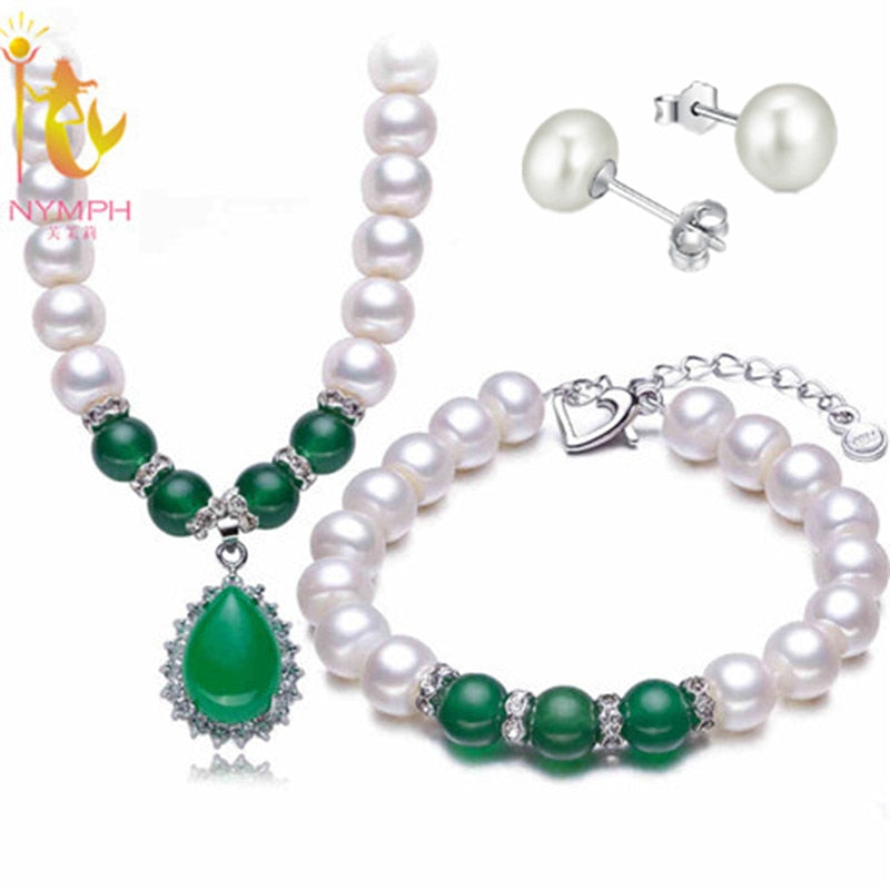 Pearl Jewelry Set Real Fresh Water Pearl Necklace Pendant Bracelet Earrings Fine For Mother Green Agate T108