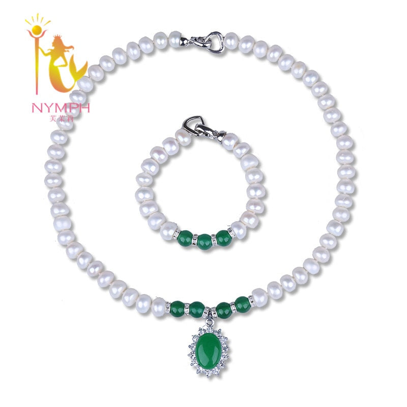 [NYMPH] Pearl Jewelry Sets For Women Genuine Fresh Water White 9-10mm Pearl Necklace Bracelet With Agate For Mother's d [T222]