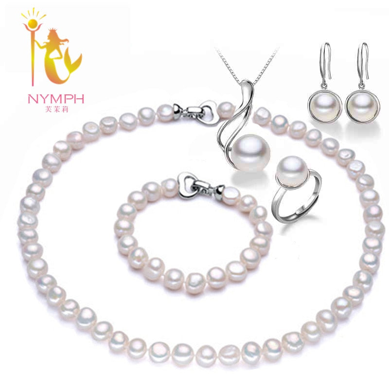 [NYMPH]Pearl Jewelry Sets For Women Natural Baroque Pearl Necklace Bracelet Earrings Pendant Ring Wedding Party T077