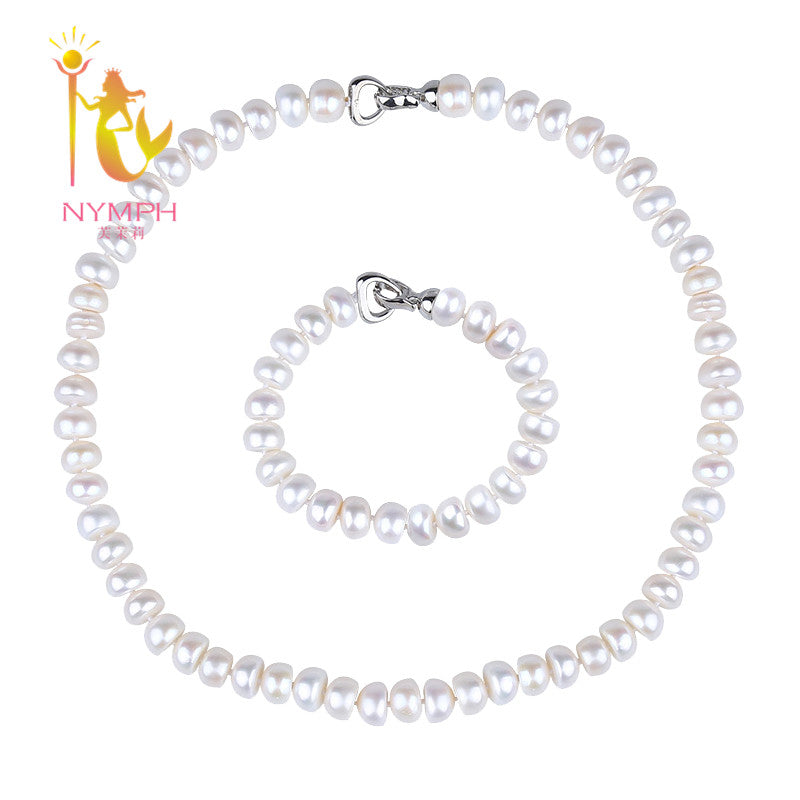 [NYMPH]Pearl Jewelry Sets For Women Natural Pearl Choker Necklace Bracelet 9-10MM Big Pearl For Mother's Day[T205]