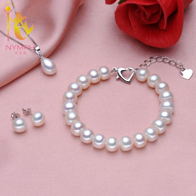 [NYMPH] Pearl Jewelry Sets For Women White Natural Pearl Necklace Pendant Earrings Bracelet Fine Jewelry Trendy T115