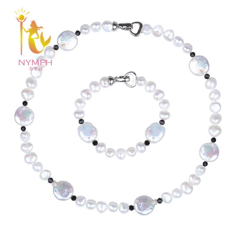 [NYMPH]Real Pearl Jewelry Sets Natural Pearl Choker Necklace Bracelet New Romantic Christmas Wedding Gift[T209]