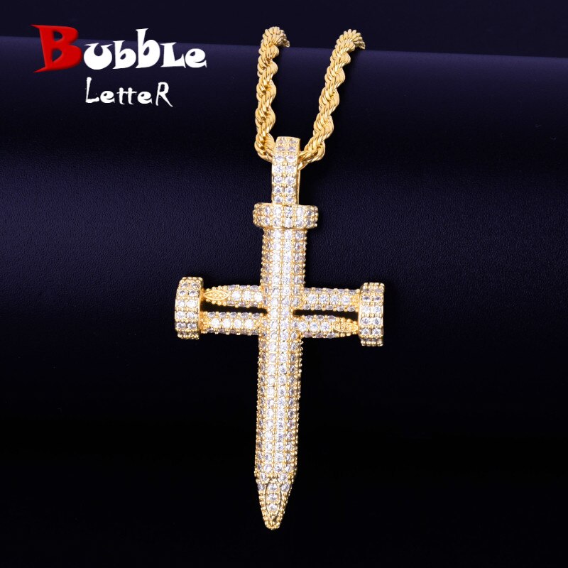 Nail Cross Pendant Necklace  AAA Cubic Zircon Men's Hip Hop Street Rock Jewelry
