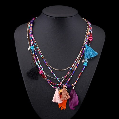 Naomy&ZP Bohemian Multi Color Feather Necklaces Beads Tassel Maxi Long Ethnic Chain Jewelry Statement Necklace For Women Collare