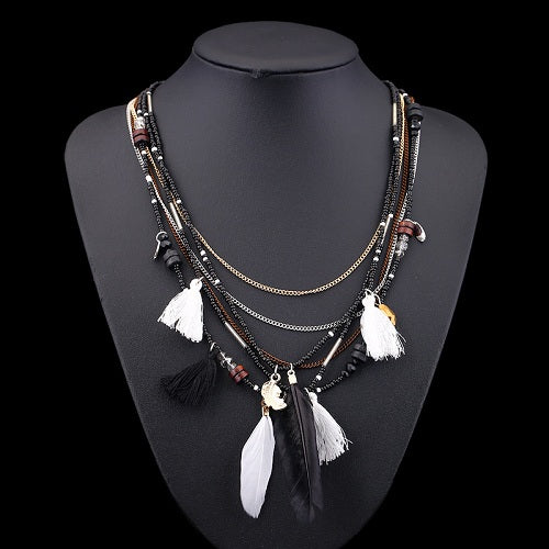 Naomy&ZP Bohemian Multi Color Feather Necklaces Beads Tassel Maxi Long Ethnic Chain Jewelry Statement Necklace For Women Collare