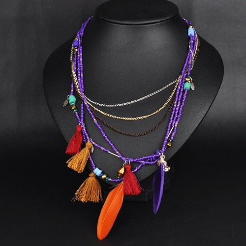 Naomy&ZP Bohemian Multi Color Feather Necklaces Beads Tassel Maxi Long Ethnic Chain Jewelry Statement Necklace For Women Collare
