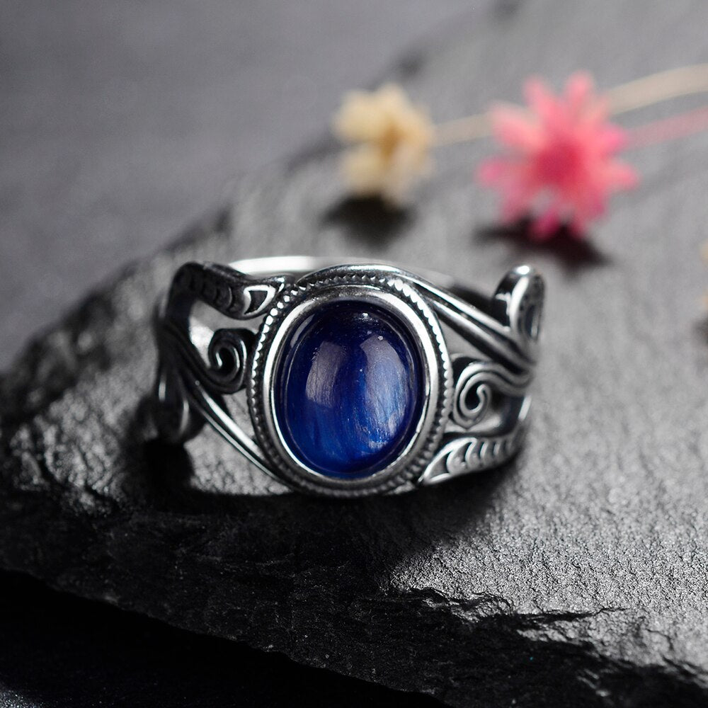 Nasiya Vintage Finger Rings For Women 925 Silver Jewelry 8x10MM Oval Dark Blue Kyanite Rings  Party Gift