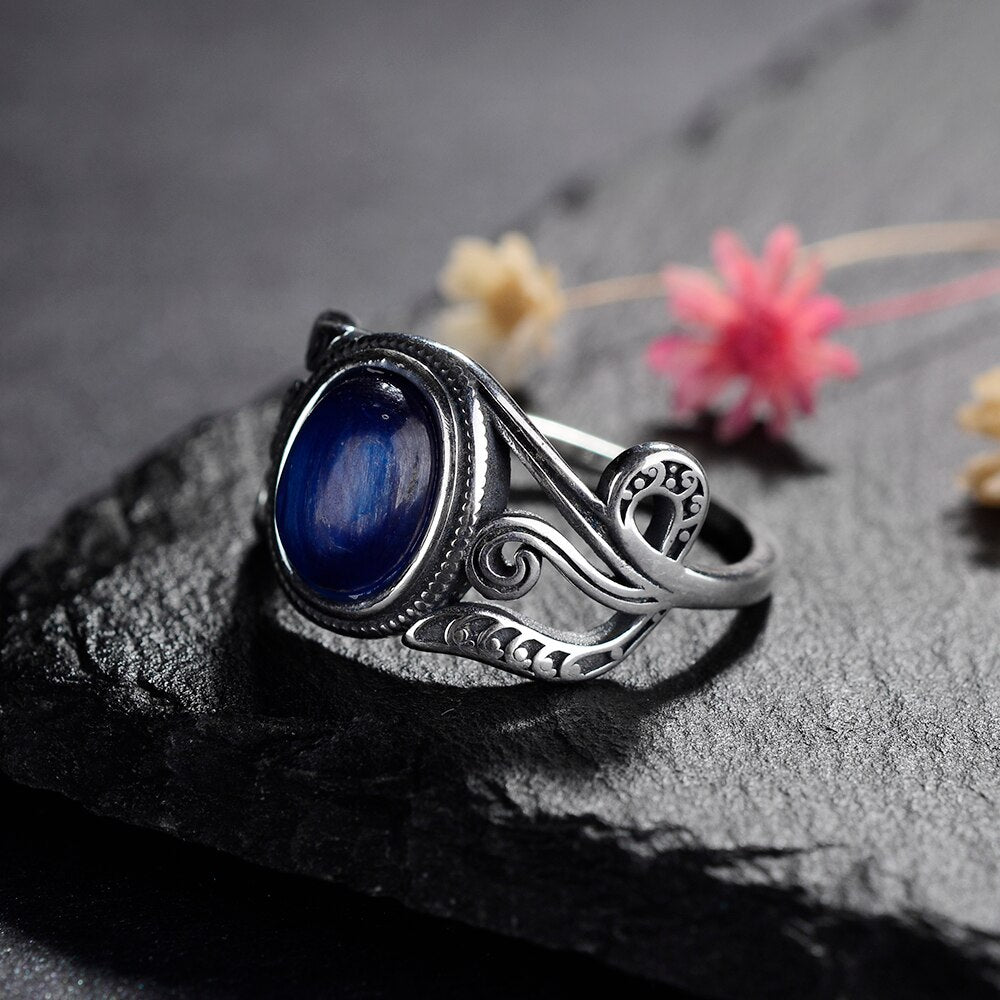 Nasiya Vintage Finger Rings For Women 925 Silver Jewelry 8x10MM Oval Dark Blue Kyanite Rings  Party Gift