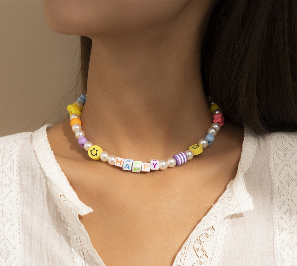 National Style Handmade Beaded Geometric Neck Chain Clavicle Chain Natural Pearl Letter Sweet Girl Smile Acrylic Color Necklace