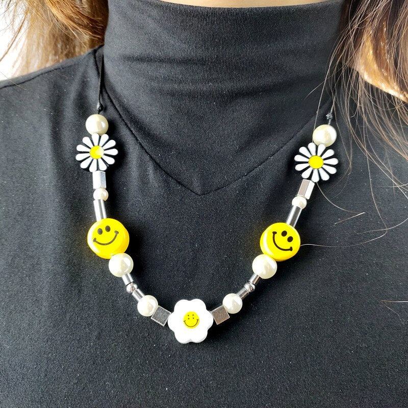 National Tide Daisy Pearl Titanium Steel Beaded Necklace Sun Flower Anti-War Smiley Face Hip Hop Stitching Necklace