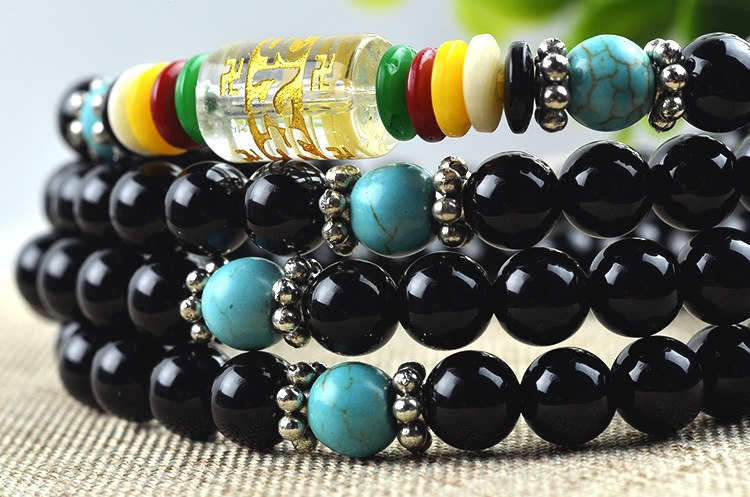 Natural 6mm Black Agate beaded Bracelet Tibetan Buddhist 108 Prayer Beads Bracelet Gourd Mala Prayer Bracelet for Meditation