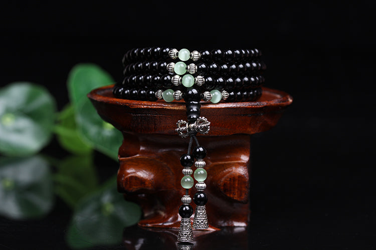 Natural 6mm Black Onyx beaded Bracelet Tibetan Buddhist 108 Prayer Beads Bracelet Gourd Mala Prayer Bracelet for Meditation