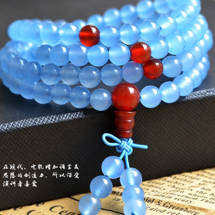 Natural 6mm Blue Chalcedony beaded Bracelet Tibetan Buddhist 108 Prayer Beads Necklace Gourd Mala Prayer Bracelet for Meditation