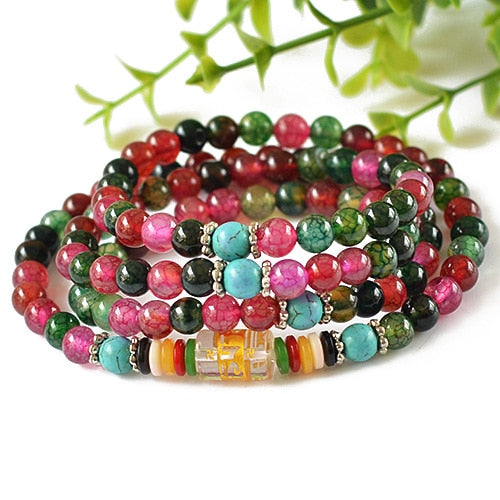 Natural 6mm Colorful Agate beaded Bracelet Tibetan Buddhist 108 Prayer Beads Necklace Gourd Mala Prayer Bracelet for Meditation