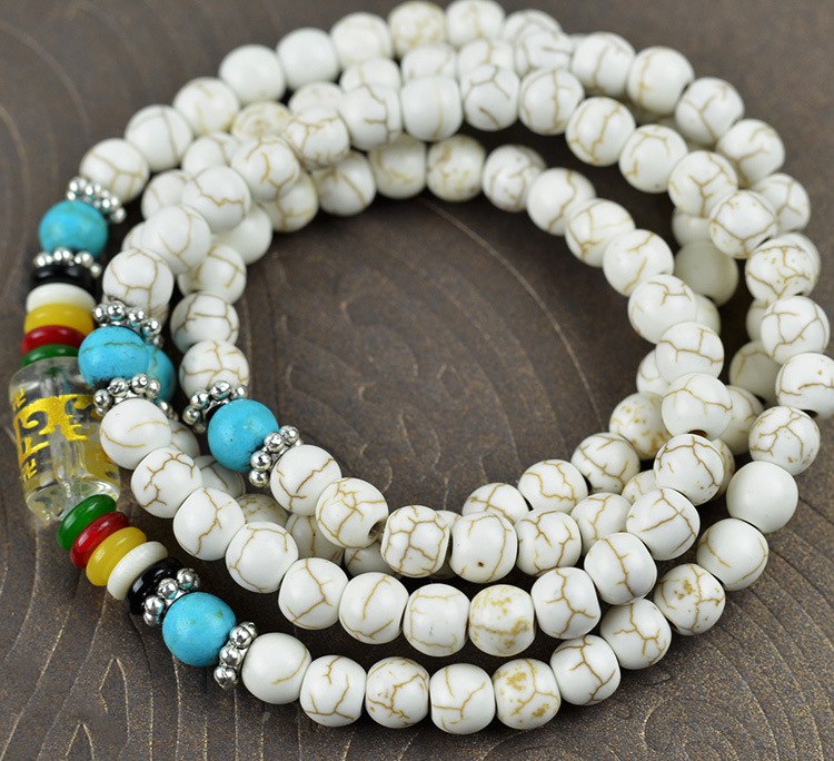 Natural 6mm White Turquoise beads Bracelet Tibetan Buddhist 108 Prayer Bead Bracelet Gourd Mala Prayer Bracelet for Meditation