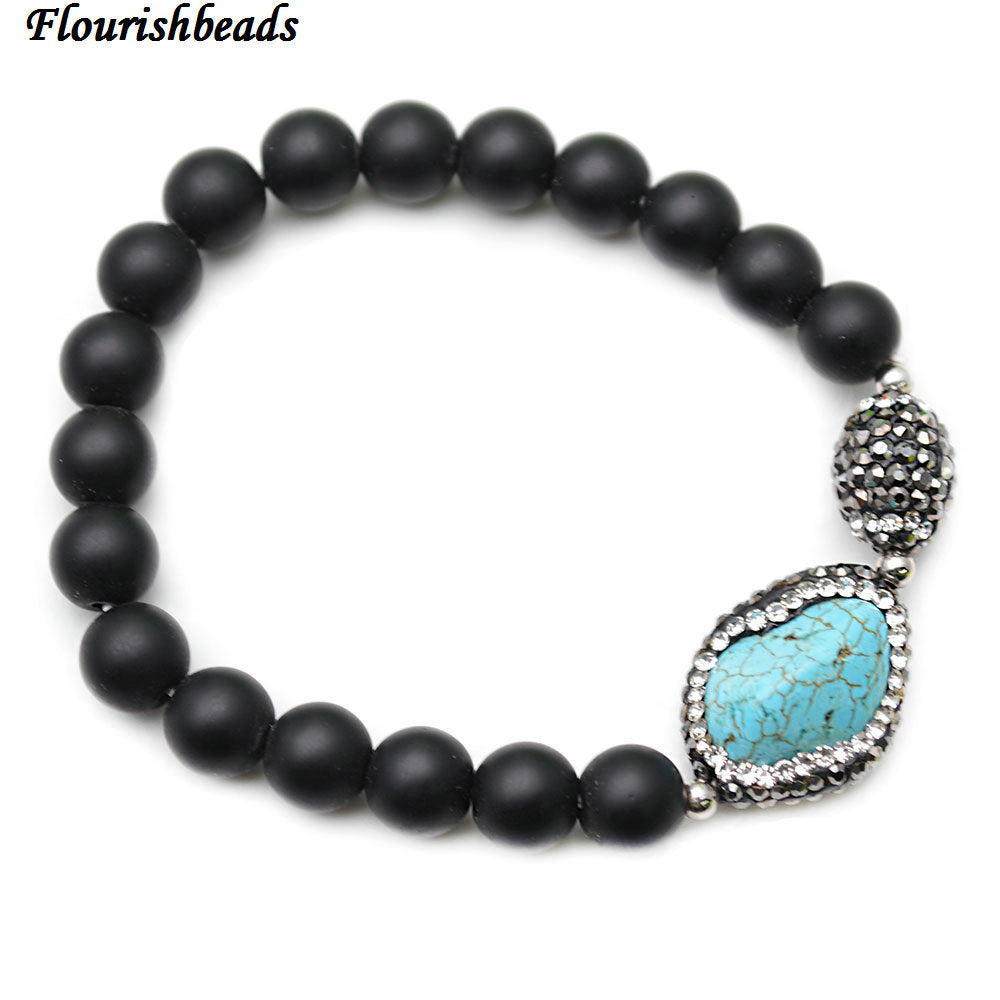 Natural 8mm Matte Black Onyx Agate Stone Round Beads Blue Howlite Nugget Charm Stretch Bracelet Fashion Party Jewelry