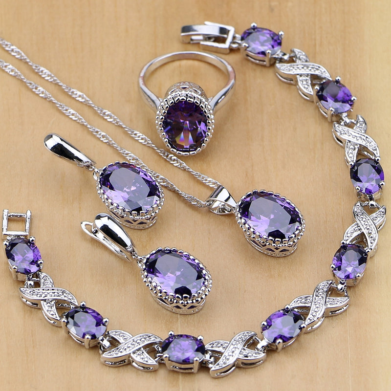 Natural 925 Silver Jewelry Purple Cubic Zirconia White Crystal Jewelry Sets For Women Earrings/Pendant/Necklace/Rings/Bracelet