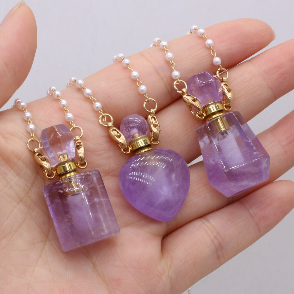 Natural Amethysts Vial Pendant Necklace Perfume Bottle Link Chain Chokers for Women Reiki Heal Necklace Jewelry Gifts