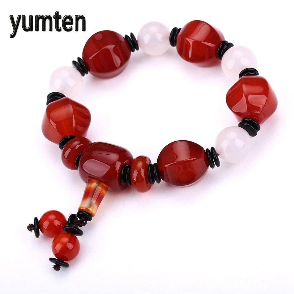 Natural Beads Bracelet Red Agate white jade stone Bracelets For Men Women Elastic Bracelet Quality Fine Jewelry Agate bracelet
