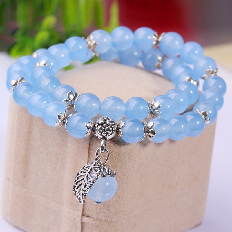 Natural Blue Rose Chalcedony Crystal Bracelets Lucky Tibetan Silver Leaf Lovers Crystal Bracelet Korean Ornaments Circle Gift