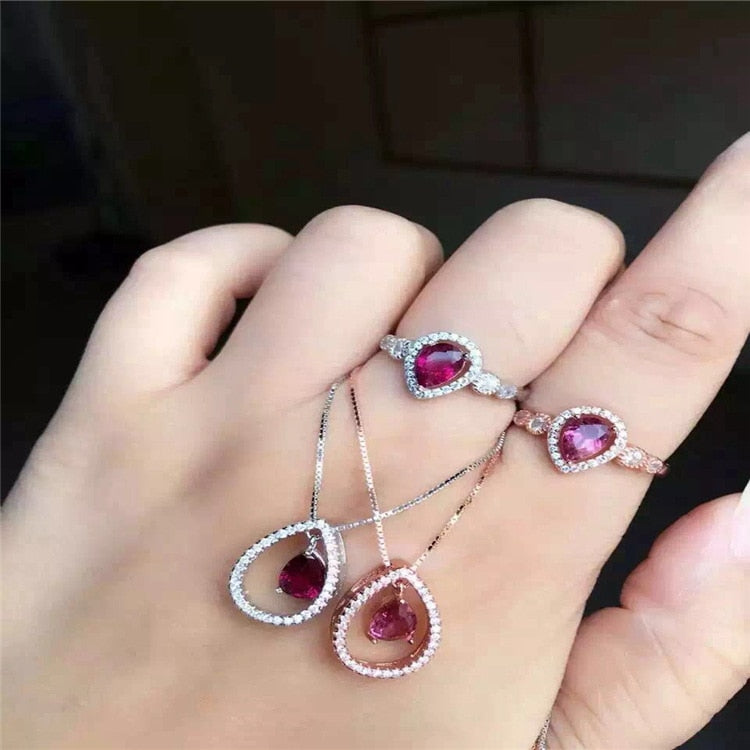 Natural Brazil treasures red tourmaline suite 925 Sterling Silver Ring + pendant jewelry set of two pieces